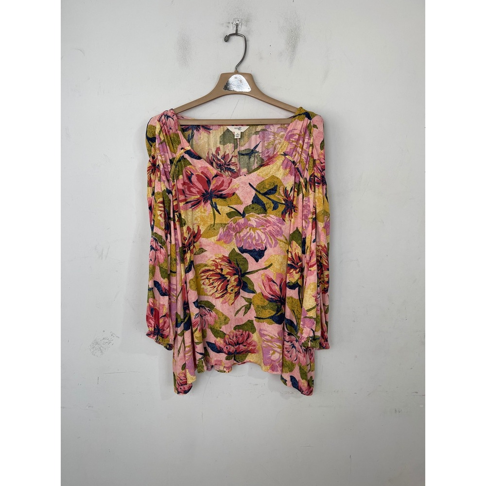 Terra & Sky Womens 2X Pink‎ Floral Viscose V-Neck Balloon Sleeve Blouse